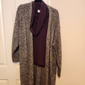 Cabi Long Multicolored Cardigan w/ sleeveless matching cowlneck blouse